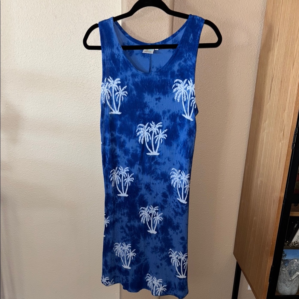 Makai beach wear Blue Sleeveless Dress with Palm Tree Print medium